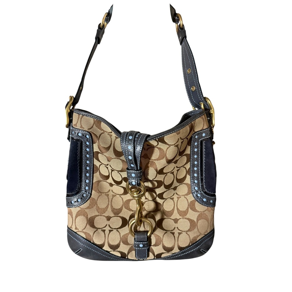 Vintage Coach Signature Hobo Shoulder Bag Khaki and dark blue Leather Trim